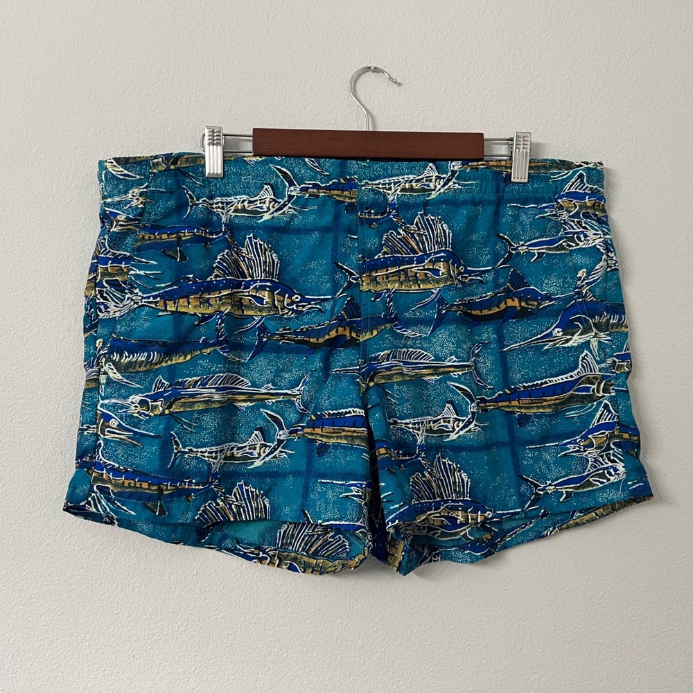 Kahala Hawaiian Islands Mens M Teal Marlin Fish Print Swim Trunks Board Shorts